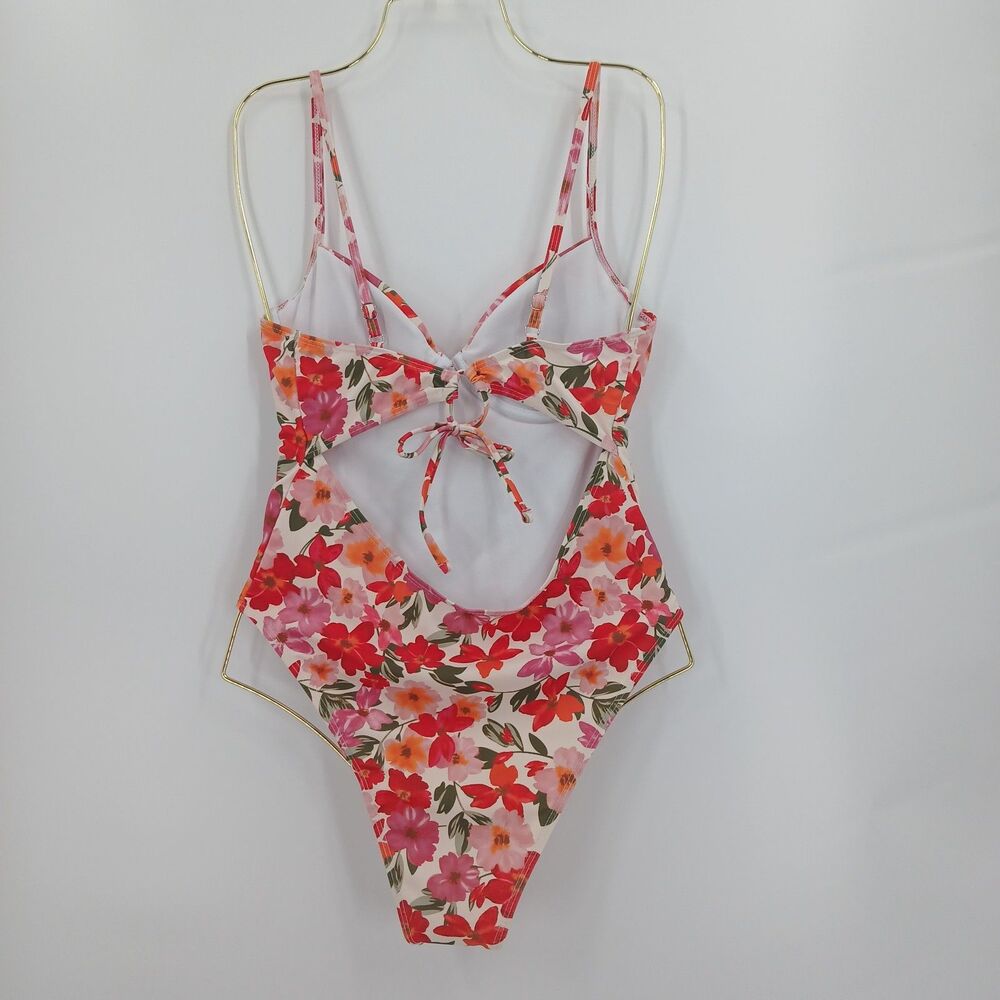 One Piece Swimsuit Womens M Red Floral Swimwear Cottagecore Aesthetic - Picture 2 of 4